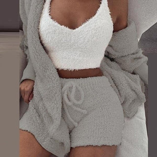 Three Piece Sexy Fluffy Sets Velvet Plush Hooded Cardigan Coat+Shorts+Crop Top Women Tracksuit Casual Sports Overalls Sweatshirt ALODIA STORE