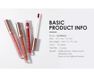 O.TWO.O Liquid Lipstick Matte Lip Gloss Cosmetic Lightweight Lip Glaze Long Lasting Lip Tint  Waterproof 12 Color Lips Makeup ALODIA STORE