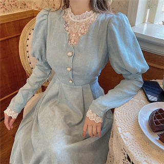 Solid Elegant Dress Women Winter Patchwork Lace ALODIA STORE