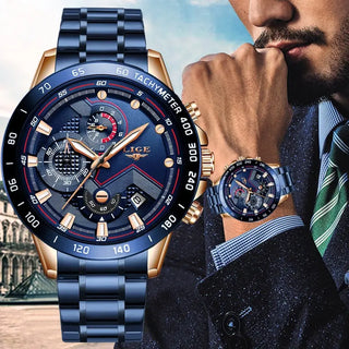LIGE Men Watches Top Brand Luxury Stainless Steel Blue Waterproof Quartz Watch Men Fashion Chronograph Male Sport Military Watch ALODIA STORE