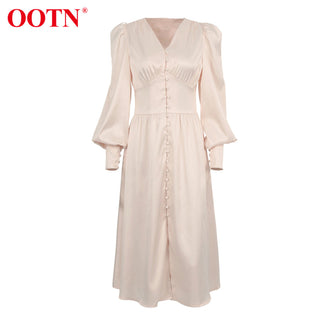 OOTN White Single Breasted Elegant Dress For Women Party Robe High Waist Satin Long Dress Chic Midi Dresses Lantern Sleeve ALODIA STORE