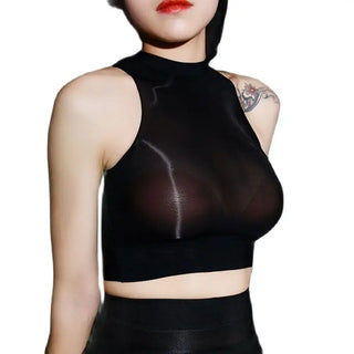 Oil Glossy Shiny See Through Crop Top Women Hot Sexy Bustier Top Sleeveless Shirt 8D Nylons Clubwear Cropped Camis Vest Croptop ALODIA STORE