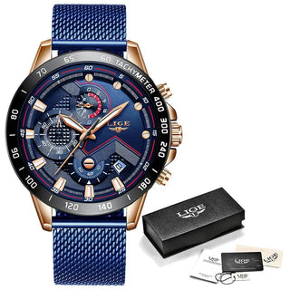 LIGE Men Watches Top Brand Luxury Stainless Steel Blue Waterproof Quartz Watch Men Fashion Chronograph Male Sport Military Watch ALODIA STORE
