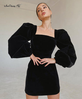 Mnealways18 Evening Puff Sleeve Women Velvet Dress Winter Black Sexy Bodycon Dress Square Collar Mini Party Dresses Elegant 2023 ALODIA STORE