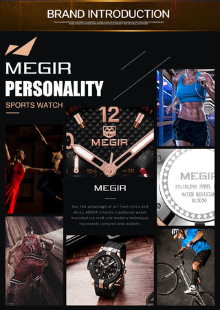 MEGIR Brand Men Watch Quartz Watch Gold Rubber Band 3ATM Water Resistant Chronograph Mens Quartz Wrist Watch ALODIA STORE