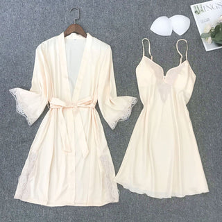 Satin Robe Set Sexy Female Sleepwear Summer Kimono Bathrobe Lace Trim Bride Bridesmaid Dressing Gown Casual Nightgown ALODIA STORE