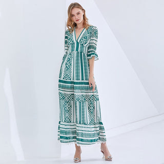 TWOTWINSTYLE Print Vintage Spring Dress For Women V Neck Half Sleeve High Waist Elegant Maxi Dresses Female Fashion New Clothes ALODIA STORE