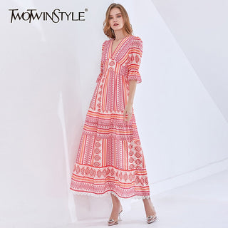 TWOTWINSTYLE Print Vintage Spring Dress For Women V Neck Half Sleeve High Waist Elegant Maxi Dresses Female Fashion New Clothes ALODIA STORE