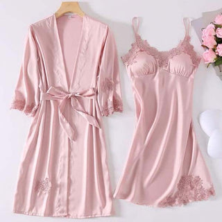 Satin Robe Set Sexy Female Sleepwear Summer Kimono Bathrobe Lace Trim Bride Bridesmaid Dressing Gown Casual Nightgown ALODIA STORE