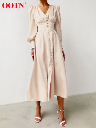 OOTN White Single Breasted Elegant Dress For Women Party Robe High Waist Satin Long Dress Chic Midi Dresses Lantern Sleeve ALODIA STORE