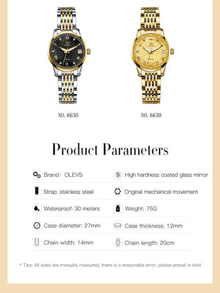 OLEVS Luxury Brand Ladides Automatic Mechanical Wristwatch Waterproof Stainless Steel Simple Watch For Women Gift for girl ALODIA STORE