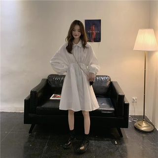 QWEEK Shirt Dress Women Korean Style Polo Collar Black ALODIA STORE