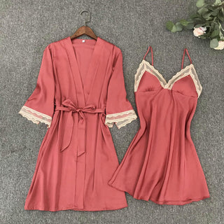 Satin Robe Set Sexy Female Sleepwear Summer Kimono Bathrobe Lace Trim Bride Bridesmaid Dressing Gown Casual Nightgown ALODIA STORE