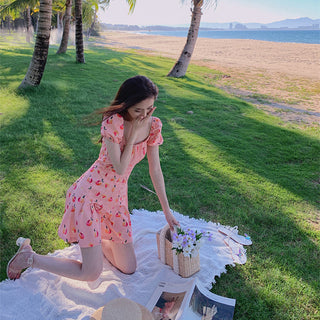 Pink Elegant Kawaii Dress Women Floral Print Cherry Mini Dress Female Casual Sweet Japan Korean Style Summer Dress Women 2020 ALODIA STORE