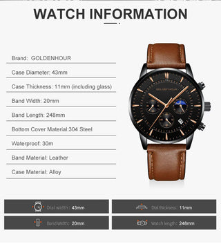 GOLDENHOUR Men's Watch Top Brand Luxury Fashion Quartz Watch Men Leather Waterproof Sports Wrist Watch Male Relogio Masculino ALODIA STORE
