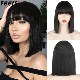 Short Bob Synthetic Wigs With Bangs for Women Wigs Blonde Black Blue fiber Natural Hair for Lolita Cosplay Party Daily Use ALODIA STORE