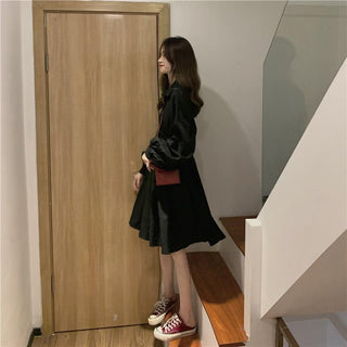 QWEEK Shirt Dress Women Korean Style Polo Collar Black ALODIA STORE