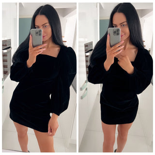 Mnealways18 Evening Puff Sleeve Women Velvet Dress Winter Black Sexy Bodycon Dress Square Collar Mini Party Dresses Elegant 2023 ALODIA STORE