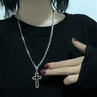 Vintage Gothic Hollow Cross Pendant Necklace Silver Color Cool Street Style Necklace For Men Women Gift Wholesale Neck Jewelry ALODIA STORE