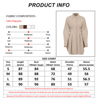 Mnealways18 Spring Summer Bodycon Dress Women Khaki Long Sleeve Pleated Shirt Dress Office Ladies Solid Lapel Casual Mini Dresss ALODIA STORE