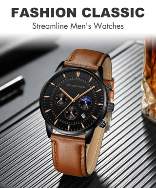 GOLDENHOUR Men's Watch Top Brand Luxury Fashion Quartz Watch Men Leather Waterproof Sports Wrist Watch Male Relogio Masculino ALODIA STORE
