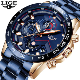 LIGE Men Watches Top Brand Luxury Stainless Steel Blue Waterproof Quartz Watch Men Fashion Chronograph Male Sport Military Watch ALODIA STORE