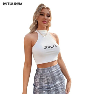 Rib Knit Women Sexy Tank CropTops Summer Half-High Collar Sleeveless Solid Embroidery Slim Skinny Stretch Basic Casual Vests ALODIA STORE