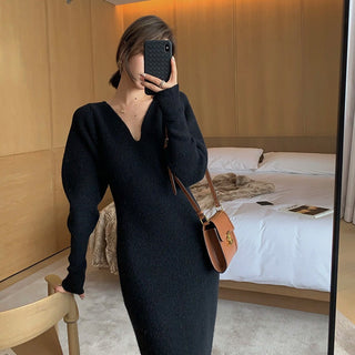Elegant Long White Knitting Dress Women Winter V-Neck Long ALODIA STORE