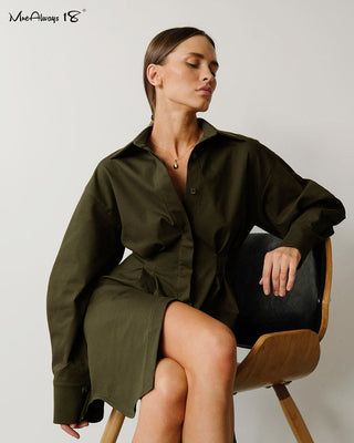 Mnealways18 Spring Summer Bodycon Dress Women Khaki Long Sleeve Pleated Shirt Dress Office Ladies Solid Lapel Casual Mini Dresss ALODIA STORE