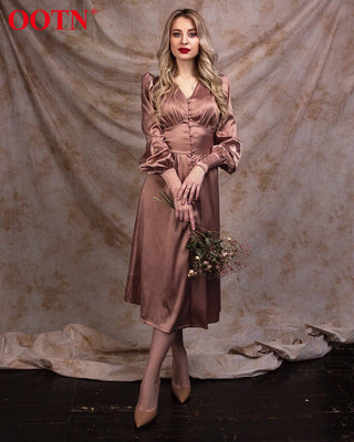 OOTN White Single Breasted Elegant Dress For Women Party Robe High Waist Satin Long Dress Chic Midi Dresses Lantern Sleeve ALODIA STORE