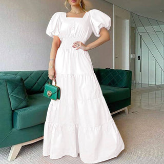 Summer Puff Shoulder Sexy Party Dress Spring Solid Button Long Shirt Dress Women Elegant Turn-down Collar Office Lady Maxi Dress ALODIA STORE