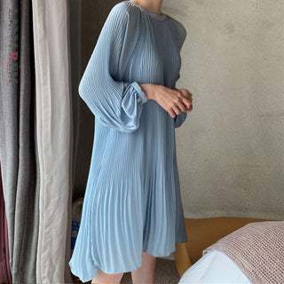 LANMREM 2023 New Korean Summer Fashion Women Clothes Vacation Dresses Lantern Sleeves Pullover Loose Chiffon Dress Pleated WG686 ALODIA STORE