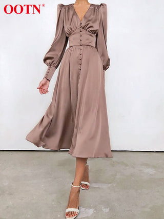 OOTN White Single Breasted Elegant Dress For Women Party Robe High Waist Satin Long Dress Chic Midi Dresses Lantern Sleeve ALODIA STORE