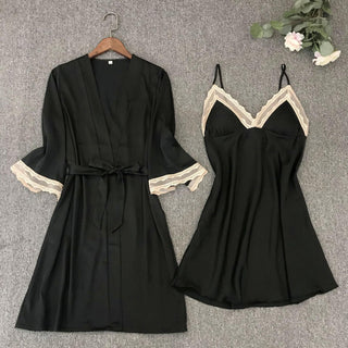 Satin Robe Set Sexy Female Sleepwear Summer Kimono Bathrobe Lace Trim Bride Bridesmaid Dressing Gown Casual Nightgown ALODIA STORE
