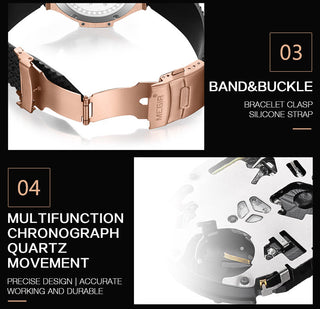 MEGIR Brand Men Watch Quartz Watch Gold Rubber Band 3ATM Water Resistant Chronograph Mens Quartz Wrist Watch ALODIA STORE