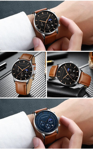 GOLDENHOUR Men's Watch Top Brand Luxury Fashion Quartz Watch Men Leather Waterproof Sports Wrist Watch Male Relogio Masculino ALODIA STORE
