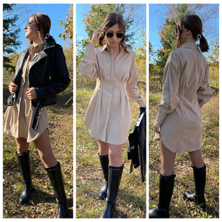 Mnealways18 Spring Summer Bodycon Dress Women Khaki Long Sleeve Pleated Shirt Dress Office Ladies Solid Lapel Casual Mini Dresss ALODIA STORE