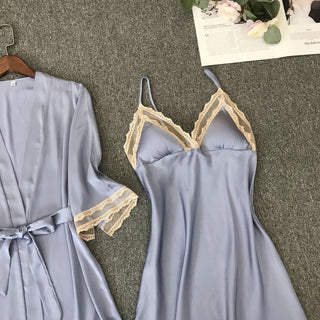 Satin Robe Set Sexy Female Sleepwear Summer Kimono Bathrobe Lace Trim Bride Bridesmaid Dressing Gown Casual Nightgown ALODIA STORE