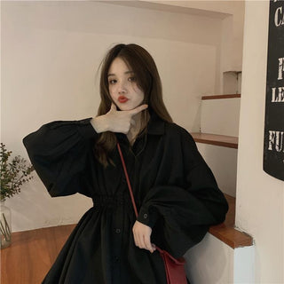 QWEEK Shirt Dress Women Korean Style Polo Collar Black ALODIA STORE