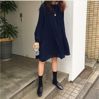 LANMREM 2023 New Korean Summer Fashion Women Clothes Vacation Dresses Lantern Sleeves Pullover Loose Chiffon Dress Pleated WG686 ALODIA STORE