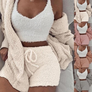 Three Piece Sexy Fluffy Sets Velvet Plush Hooded Cardigan Coat+Shorts+Crop Top Women Tracksuit Casual Sports Overalls Sweatshirt ALODIA STORE