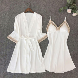 Satin Robe Set Sexy Female Sleepwear Summer Kimono Bathrobe Lace Trim Bride Bridesmaid Dressing Gown Casual Nightgown ALODIA STORE