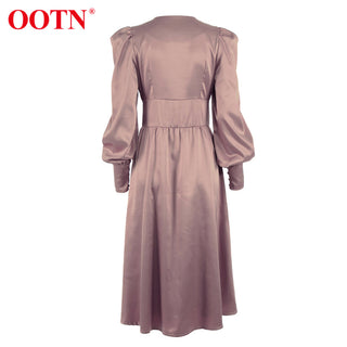 OOTN White Single Breasted Elegant Dress For Women Party Robe High Waist Satin Long Dress Chic Midi Dresses Lantern Sleeve ALODIA STORE
