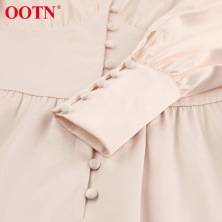 OOTN White Single Breasted Elegant Dress For Women Party Robe High Waist Satin Long Dress Chic Midi Dresses Lantern Sleeve ALODIA STORE