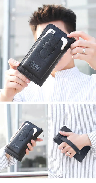 JEEP BULUO Leather Men Clutch Wallet Brand Purse For Phone Double Zipper Luxury Wallet Leather Clutch Bag Large Capacity  ALODIA STORE