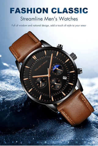GOLDENHOUR Men's Watch Top Brand Luxury Fashion Quartz Watch Men Leather Waterproof Sports Wrist Watch Male Relogio Masculino ALODIA STORE
