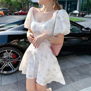 Summer Elegant Puff Sleeve French Floral Print Mini Dress Japan Style Kawaii Dress Women 2023 ALODIA STORE