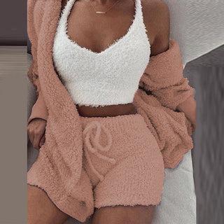 Three Piece Sexy Fluffy Sets Velvet Plush Hooded Cardigan Coat+Shorts+Crop Top Women Tracksuit Casual Sports Overalls Sweatshirt ALODIA STORE