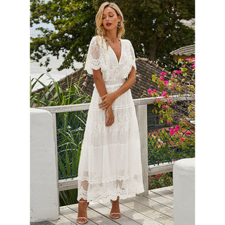 Hollow Out White Dress Sexy Women Long Lace Dress Cross Semi-Sheer Plunge V-Neck Short Sleeve Lace Maxi Dress Simple Solid ALODIA STORE