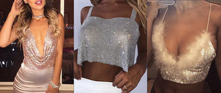 Shiny Plastic Sequins Sexy Backless Crop Tank Tops For Women y2k Hollow Out Halter Shiny Solid Silver Fashion Sequin CropTop ALODIA STORE